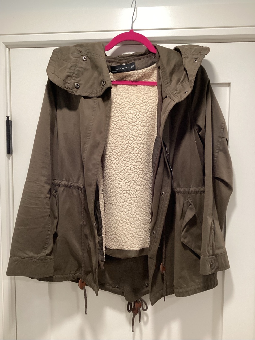 Zara Olive Utility Jacket with Cream Sherpa Lining